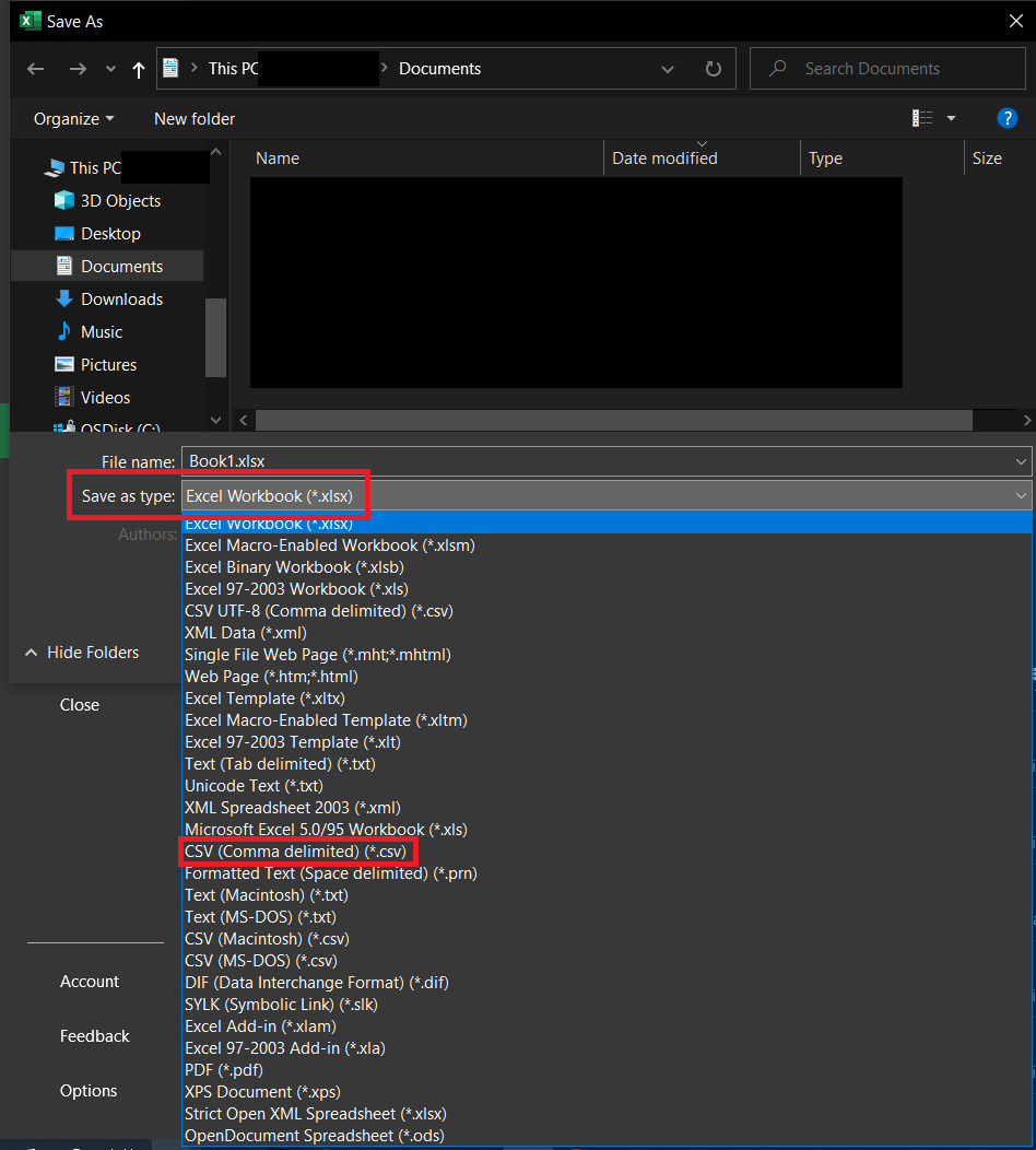 Screenshot showing save dialog with save as type dropdown open in Microsoft Excel